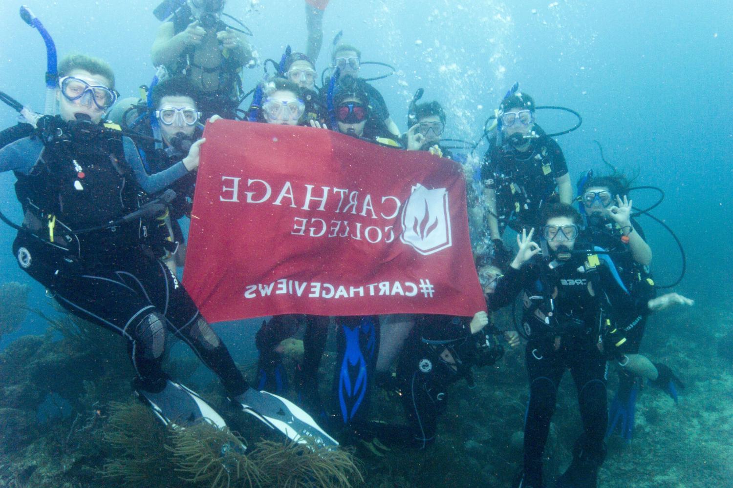 学生们手持<a href='http://omsr.ngskmc-eis.net'>bv伟德ios下载</a>旗帜，在j学期洪都拉斯游学之旅中潜水.